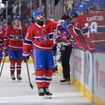 Mar 10, 2026; Montreal, Quebec, CAN; Montreal Canadiens forward Philip Danault (24) celebrates with teammates after scoring a goal against the Toronto Maple Leafs during the first period at the Bell Centre. Mandatory Credit: Eric Bolte-Imagn Images