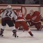 Vladimir Konstantinov tries to keep a check on Denver Avalanche\'s Claude Lemieux during Game One of the Best of Sevens series in Denver. Vladimirk 23