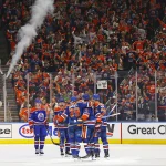Apr 22, 2026; Edmonton, Alberta, CAN; The Edmonton Oilers celebrate a goal scored by defensemen Connor Murphy (5) during the second period against the Anaheim Ducks in game two of the first round of the 2026 Stanley Cup Playoffs at Rogers Place. Mandatory Credit: Perry Nelson-Imagn Images