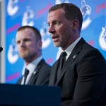 May 14, 2026; Vancouver, BC, Canada; The Vancouver Canucks named Ryan Johnson their new general manger during a press conference at Rogers Arena. Mandatory Credit: Bob Frid-Imagn Images