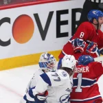 Apr 20, 2014; Montreal, Quebec, CAN; Montreal Canadiens right wing Brandon Prust (8) and right wing Brendan Gallagher (11) celebrates a goal scored by center Tomas Plekanec (not pictured) against Tampa Bay Lightning goalie Anders Lindback (39) during the third period in the game three of the first round of the 2014 Stanley Cup Playoffs at Bell Centre. Mandatory Credit: Jean-Yves Ahern-Imagn Images