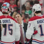 Rod Brind'Amour's handshake vow created an iconic moment May 29, 2026; Raleigh, North Carolina, USA; Carolina Hurricanes head coach Rod Brind\'Amour talks with Montreal Canadiens goaltender Jakub Dobes (75) and right wing Josh Anderson (17) in the handshake line after game five of the Eastern Conference Final of the 2026 Stanley Cup Playoffs at Lenovo Center. Mandatory Credit: James Guillory-Imagn Images