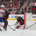Tragedy strikes Carolina Hurricanes player as team advances to Stanley Cup Final May 29, 2026; Raleigh, North Carolina, USA; Carolina Hurricanes center Logan Stankoven (22) plays the puck near goaltender Frederik Andersen (31) and right wing Jackson Blake (53) against Montreal Canadiens center Phillip Danault (24) in game five of the Eastern Conference Final of the 2026 Stanley Cup Playoffs during the second period at Lenovo Center. Mandatory Credit: James Guillory-Imagn Images