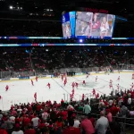 Apr 11, 2026; Las Vegas, Nevada, United States; A general view of the ice rink prior to a game between the Wisconsin Badgers and the Denver Pioneers in the championship game of the NCAA men\'s ice hockey Frozen Four at T-Mobile Arena. Mandatory Credit: Stephen R. Sylvanie-Imagn Images