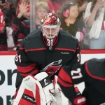 May 29, 2026; Raleigh, North Carolina, USA; Carolina Hurricanes goaltender Frederik Andersen (31) warms up before game five of the Eastern Conference Final of the 2026 Stanley Cup Playoffs against the Montreal Canadiens at Lenovo Center. Mandatory Credit: James Guillory-Imagn Images