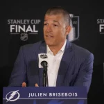 Jun 14, 2022; Denver, Colorado, USA; Tampa Bay Lightning general manager Julien Brisebois speaks during media day for the 2022 Stanley Cup Final at Ball Arena. Mandatory Credit: Ron Chenoy-Imagn Images