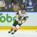 Jan 23, 2026; Toronto, Ontario, CAN; Vegas Golden Knights right wing Mitch Marner (93) skates during the warmup before a game against the Toronto Maple Leafs at Scotiabank Arena. Mandatory Credit: Nick Turchiaro-Imagn Images