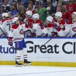 Apr 29, 2026; Tampa, Florida, USA; Montreal Canadiens right wing Brendan Gallagher (11) reacts after scoring a goal against the Tampa Bay Lightning in the first period during game five of the first round of the 2026 Stanley Cup Playoffs at Benchmark International Arena. Mandatory Credit: Nathan Ray Seebeck-Imagn Images