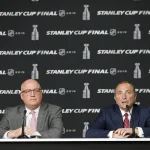 May 27, 2019; Boston, MA, USA; NHL commissioner Gary Bettman (right) and deputy commissioner Bill Daly (left) at a press conference before game one of the 2019 Stanley Cup Final between the Boston Bruins and the St. Louis Blues at TD Garden. Mandatory Credit: Winslow Townson-Imagn Images