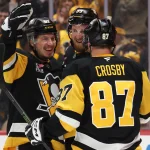 Jan 31, 2026; Pittsburgh, Pennsylvania, USA; Pittsburgh Penguins right wing Rickard Rakell (left) celebrates his goal with right wing Anthony Mantha (39) and center Sidney Crosby (87) against the New York Rangers during the third period at PPG Paints Arena. Mandatory Credit: Charles LeClaire-Imagn Images
