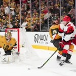 Injuries deepen ahead of crucial Game 4 between Vegas and Carolina Jun 6, 2026; Las Vegas, Nevada, USA; Vegas Golden Knights goaltender Carter Hart (79) defends the net as defenseman Noah Hanifin (15) defends against a shot by Carolina Hurricanes left wing Eric Robinson (50) during overtime in game three of the 2026 Stanley Cup Final at T-Mobile Arena. Mandatory Credit: Stephen R. Sylvanie-Imagn Images