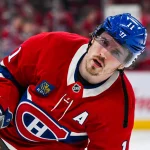 Apr 14, 2025; Montreal, Quebec, CAN; Montreal Canadiens right wing Brendan Gallagher (11) looks on in warm-up before the game against the Chicago Blackhawks at Bell Centre.