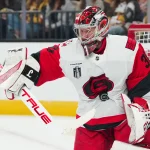 Jun 6, 2026; Las Vegas, Nevada, USA; Carolina Hurricanes goaltender Frederik Andersen (31) makes a save against the Vegas Golden Knights during the first period in game three of the 2026 Stanley Cup Final at T-Mobile Arena.