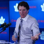 Mike Babcock talks go sideways in Edmonton Oct 21, 2019; Toronto, Ontario, CAN; Toronto Maple Leafs head coach Mike Babcock during the post game press conference against the Columbus Blue Jackets at Scotiabank Arena. Columbus defeated Toronto in overtime. Mandatory Credit: John E. Sokolowski-Imagn Images