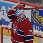 May 27, 2026; Montreal, Quebec, CAN; Montreal Canadiens goaltender Jakub Dobes (75) reacts against the Carolina Hurricanes during the third period in game four of the Eastern Conference Final of the 2026 Stanley Cup Playoffs at Bell Centre.