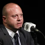 Jun 2, 2015; Tampa, FL, USA; Chicago Blackhawks general manager Stan Bowman talks with media during media day the day before the 2015 Stanley Cup Final at Amalie Arena.