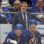 Oct 21, 2025; Elmont, New York, USA; New York Islanders head coach Patrick Roy coaches against the San Jose Sharks during the first period at UBS Arena.