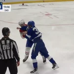 Juraj Slafkovsky et Brandon Hagel, qui jettent les gants lors d'un duel entre le Canadien de Montréal et le Lightning de Tampa Bay.