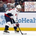 Apr 14, 2026; Columbus, Ohio, USA; Washington Capitals left wing Alex Ovechkin (8) waits for the face-off against the Columbus Blue Jackets during the third period at Nationwide Arena.