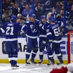 Apr 19, 2026; Tampa, Florida, USA; Tampa Bay Lightning forward Brandon Hagel (38) celebrates his goal with forward Brayden Point (21), defenseman Darren Raddysh (43), and forward Jake Guentzel (59) during the third period in game one of the first round of the 2026 Stanley Cup Playoffs at Benchmark International Arena.