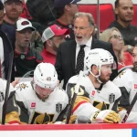 Jun 2, 2026; Raleigh, North Carolina, USA; Vegas Goldnen Knights John Tortorella on the bench during the second period against the Carolina Hurricanes in game one of the 2026 Stanley Cup Final at Lenovo Center.