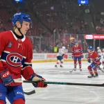 Apr 7, 2026; Montreal, Quebec, CAN; Montreal Canadiens defenseman Adam Engstrom (42) skates during the warmup before the game against the Florida Panthers at the Bell Centre.