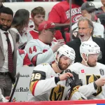 Jun 4, 2026; Raleigh, North Carolina, USA; Vegas Golden Knights John Tortorella reacts during the second period against the Carolina Hurricanes in game two of the 2026 Stanley Cup Final at Lenovo Center.