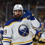 May 1, 2026; Boston, Massachusetts, USA; Buffalo Sabres right wing Alex Tuch (89) points to his goaltender after being congratulated at the bench after scoring against the Boston Bruins during the first period of game six of the first round of the 2026 Stanley Cup Playoffs at TD Garden.