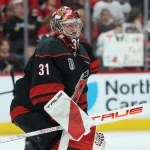 Jun 4, 2026; Raleigh, North Carolina, USA; Carolina Hurricanes goaltender Frederik Andersen (31) warms up before a game against the Vegas Golden Knights in game two of the 2026 Stanley Cup Final at Lenovo Center.