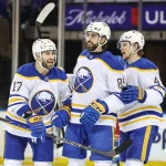 NHL insider links Edmonton Oilers to star power forward as potential offseason target Jan 8, 2026; New York, New York, USA; Buffalo Sabres right wing Alex Tuch (89) celebrates with left wing Jason Zucker (17) and defenseman Bowen Byram (4) after scoring a goal in the second period against the New York Rangers at Madison Square Garden. Mandatory Credit: Wendell Cruz-Imagn Images
