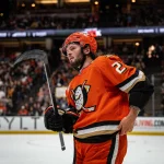 May 10, 2026; Anaheim, California, USA; Anaheim Ducks center Mason McTavish (23) during the second period against the Vegas Golden Knights in game four of the second round of the 2026 Stanley Cup Playoffs at Honda Center.