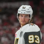 Jun 4, 2026; Raleigh, North Carolina, USA; Vegas Golden Knights right wing Mitch Marner (93) looks on against the Carolina Hurricanes during the warmups before the game in game two of the 2026 Stanley Cup Final at Lenovo Center.