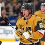 May 12, 2026; Las Vegas, Nevada, USA; Vegas Golden Knights right wing Mitch Marner (93) warms up before the start of game five against the Anaheim Ducks in the second round of the 2026 Stanley Cup Playoffs at T-Mobile Arena.