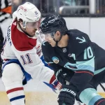 Développement confirmé: Kent Hughes a frappé un grand coup avant la transaction de Brendan Gallagher 12 mars 2025 ; Seattle, Washington, États-Unis ; L\'attaquant des Kraken de Seattle, Matty Beniers (10), affronte l\'attaquant des Canadiens de Montréal, Brendan Gallagher (11), au cours de la première période à la Climate Pledge Arena.