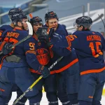 Apr 19, 2021; Edmonton, Alberta, CAN; Edmonton Oilers defensemen Ethan Bear (74) celebrates a third period goal against /the Montreal Canadiens at Rogers Place.