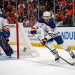 Apr 26, 2026; Anaheim, California, USA; Edmonton Oilers defenseman Darnell Nurse (25) skates with puck during the second period against the Anaheim Ducks in game four of the first round of the 2026 Stanley Cup Playoffs at Honda Center.