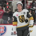 Jun 2, 2026; Raleigh, North Carolina, USA; Vegas Golden Knights right wing Mitch Marner (93) skates between play during the second period against the Carolina Hurricanes in game one of the 2026 Stanley Cup Final at Lenovo Center.