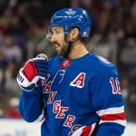 Apr 5, 2026; New York, New York, USA; New York Rangers center Vincent Trocheck (16) skates against the Washington Capitals during the second period at Madison Square Garden.