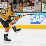 Jun 9, 2026; Las Vegas, Nevada, USA; Vegas Golden Knights right wing Mitch Marner (93) warms up before game four of the 2026 Stanley Cup Final against the Carolina Hurricanes at T-Mobile Arena.