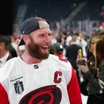 Jun 14, 2026; Las Vegas, Nevada, USA; Carolina Hurricanes center Jordan Staal (11) celebrates winning the the Stanley Cup after defeating the Vegas Golden Knights in game six of the 2026 Stanley Cup Final at T-Mobile Arena.