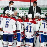 Jun 4, 2021; Winnipeg, Manitoba, CAN; Montreal Canadiens coach Dominique Ducharme discuss strategy against the Winnipeg Jets during the third period in game two of the second round of the 2021 Stanley Cup Playoffs at Bell MTS Place.