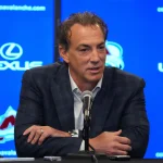 Feb 10, 2022; Denver, Colorado, USA; Colorado Avalanche general manager Joe Sakic speaks to the media before the game Boston Bruins at Ball Arena.