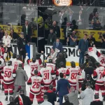 Jun 14, 2026; Las Vegas, Nevada, USA; Carolina Hurricanes head coach Rod Brind'Amour celebrates holding the Stanley Cup after the win against the Vegas Golden Knights in game six of the 2026 Stanley Cup Final at T-Mobile Arena.