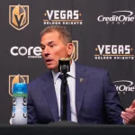 Nov 10, 2025; Las Vegas, Nevada, USA; Vegas Golden Knights head coach Bruce Cassidy takes questions during a presser after the Florida Panthers defeated the Golden Knights 3-2 at T-Mobile Arena.
