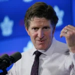 Sep 28, 2019; Toronto, Ontario, CAN; Toronto Maple Leafs head coach Mike Babcock talks to the media after a win over the Detroit Red Wings at Scotiabank Arena.