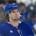 Apr 29, 2025; Toronto, Ontario, CAN; Toronto Maple Leafs left wing Matthew Knies (23) waits for a face-off against the Ottawa Senators in the third period during game five of the first round of the 2025 Stanley Cup Playoffs at Scotiabank Arena.