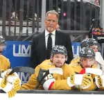 Mar 30, 2026; Las Vegas, Nevada, USA; Vegas Golden Knights head coach John Tortorella watches play between the Golden Knights and Vancouver Canucks during the first period at T-Mobile Arena.