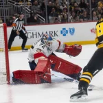 Apr 4, 2026; Pittsburgh, Pennsylvania, USA; Florida Panthers goalie Sergei Bobrovsky (72) pokes at the puck against Pittsburgh Penguins center Sidney Crosby (87) during the first period at PPG Paints Arena.