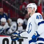 Apr 26, 2026; Montreal, Quebec, CAN; Tampa Bay Lightning defenseman Darren Raddysh (43) looks on against the Montreal Canadiens during the second period in game four of the first round of the 2026 Stanley Cup Playoffs at Bell Centre.