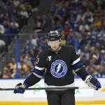 Apr 4, 2026; Tampa, Florida, USA; Tampa Bay Lightning defenseman Darren Raddysh (43) skates during the second period against Boston Bruins at Benchmark International Arena.